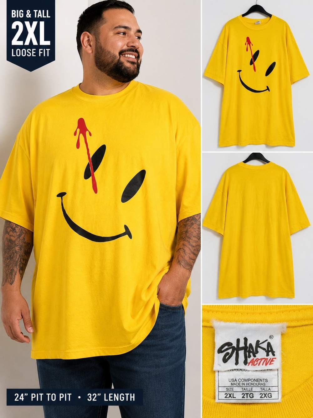 Shaka Active Smiley Face Graphic T Shirt Yellow 2XL Men’s